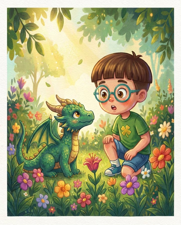 Ilustración en acuarela de un niño con gafas descubriendo un dragón entre las flores, de un libro personalizado